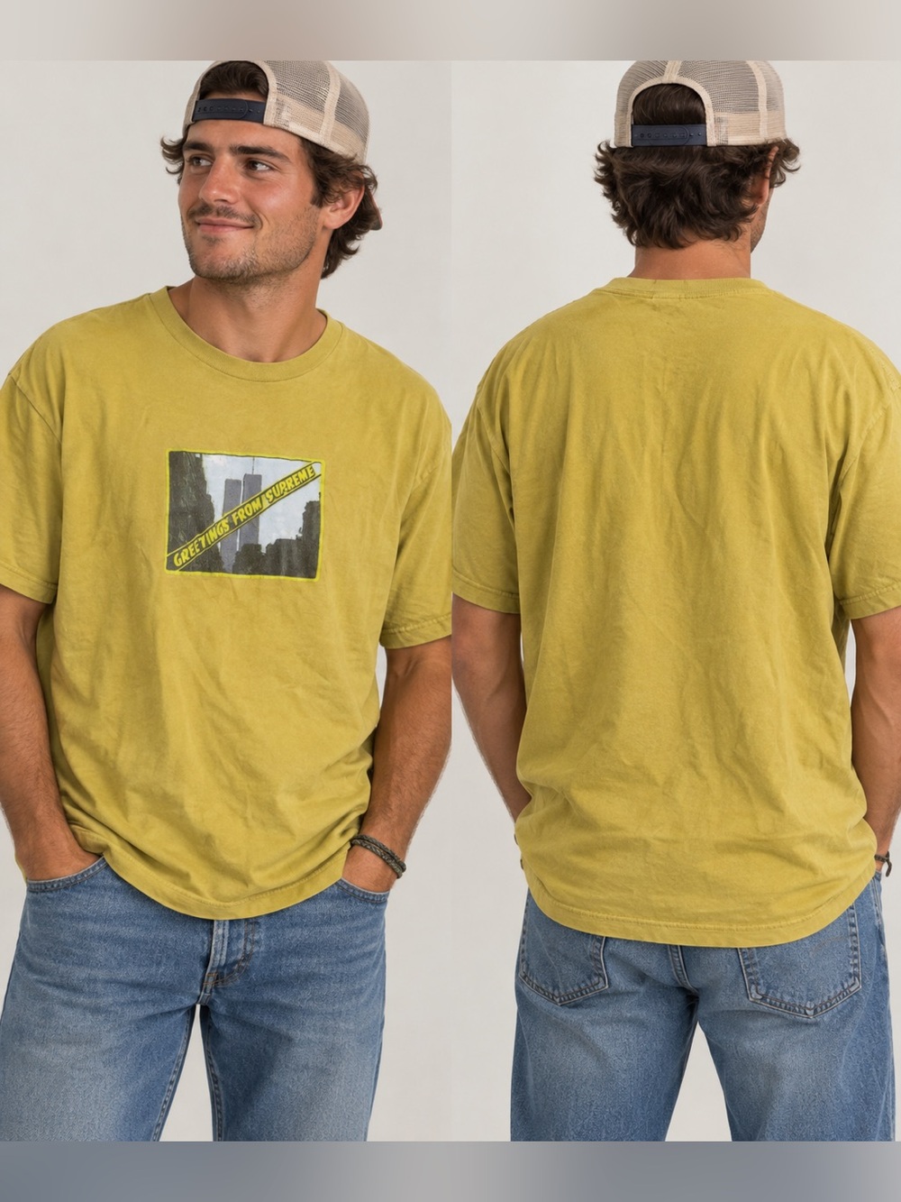 Supreme Greetings Twin Towers Tee Men’s XL SS19 Mustard Yellow Made in USA